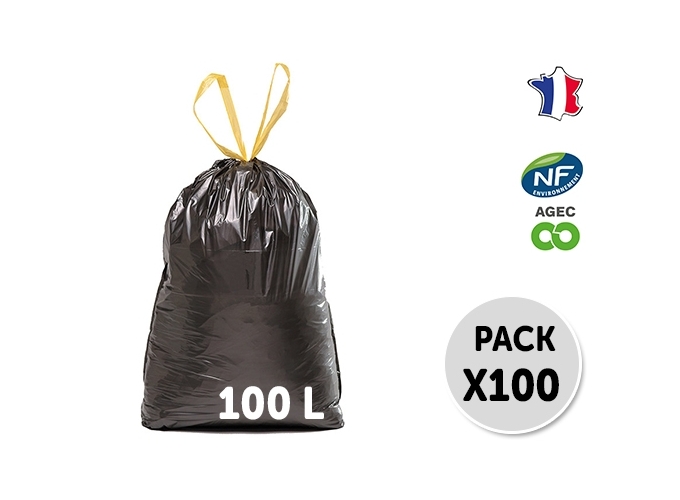 100 SACS POUBELLES LIENS COULISSANTS 100L NOIR (1)