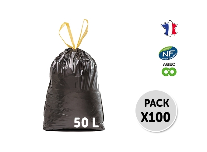 100 SACS POUBELLES LIENS COULISSANTS 50L NOIR (1)