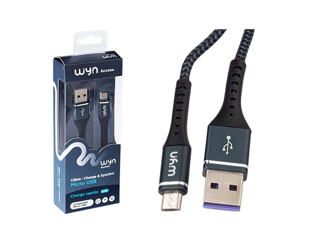 ** CABLE MICRO USB TRESSE NOIR 1M    2.4A     (1)