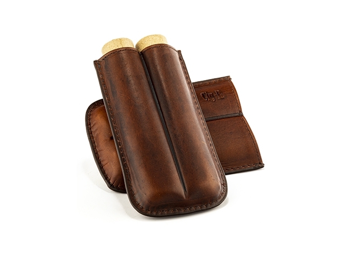 ETUI 2 CIGARES CUIR BRUN RETRO
