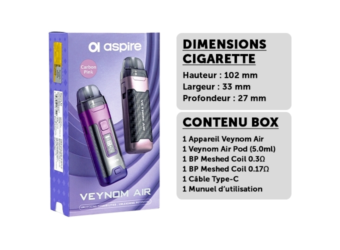 KIT VEYNOM AIR ASPIRE CARBON ROSE 2800 mha