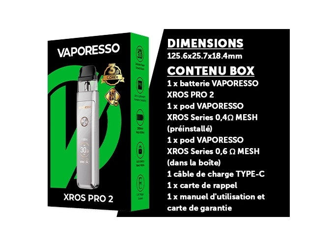 KIT XROS PRO 2  VAPORESSO 2000 Mha SILVER