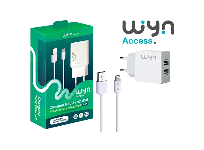 PACK CHARGEUR 2 USB   CABLE LIGHTNING    2.4A