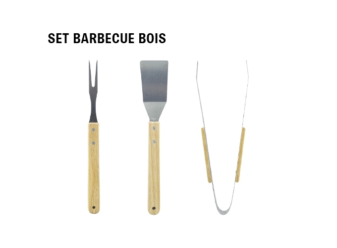 SET BARBECUE - SPATULE, FOURCHETTE, PINCE BOIS