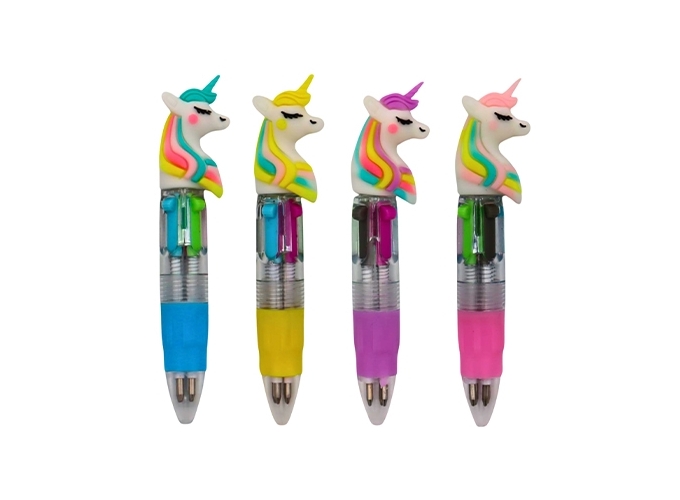 STYLO BILLE 4 COULEURS LICORNE 10CM 4 MOD. ASS(36)