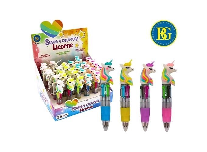 STYLO BILLE 4 COULEURS LICORNE 10CM 4 MOD. ASS(36)
